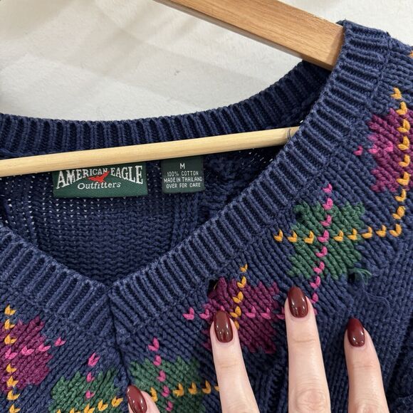 Vintage American Eagle Cable Knit sweater Argyle Medium - Picture 3 of 5